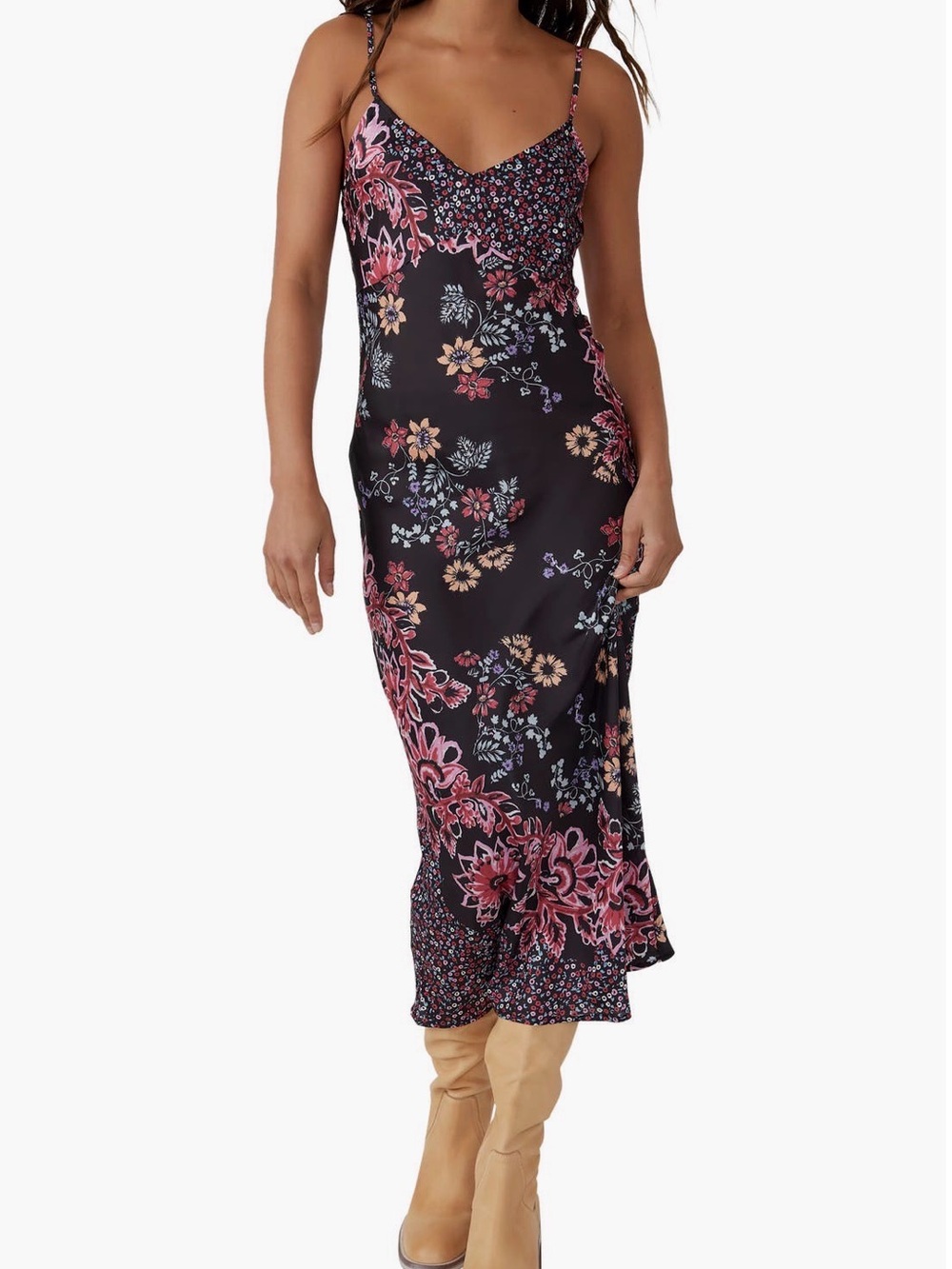 Free People Your Better Side Floral Slip Midi Dress in Black with Pink Accents